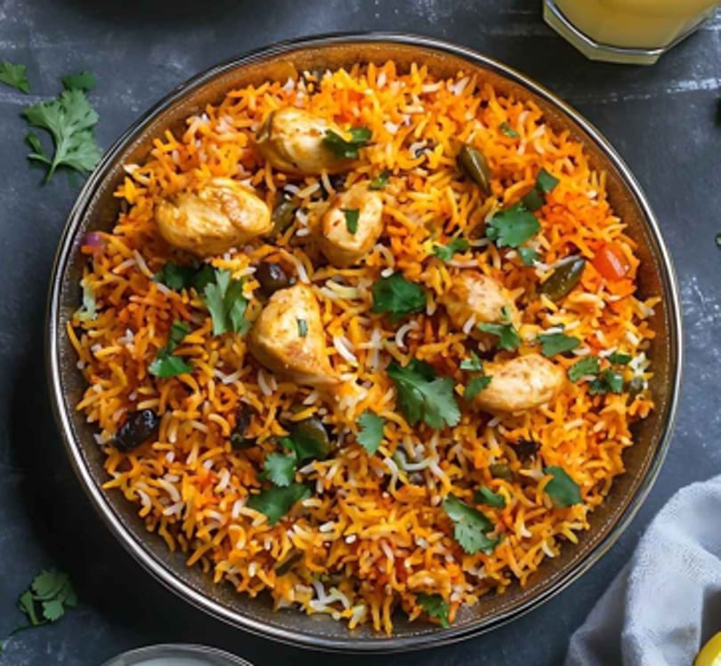 A bowl of chicken biryani with cilantro, green chilies, and raisins on a dark surface.